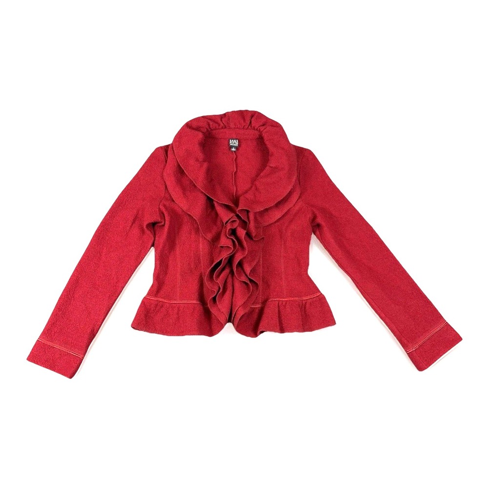 Saks Fifth Avenue Ruffle Wool Jacket Womens Medium‎ Red Open Front Cardigan